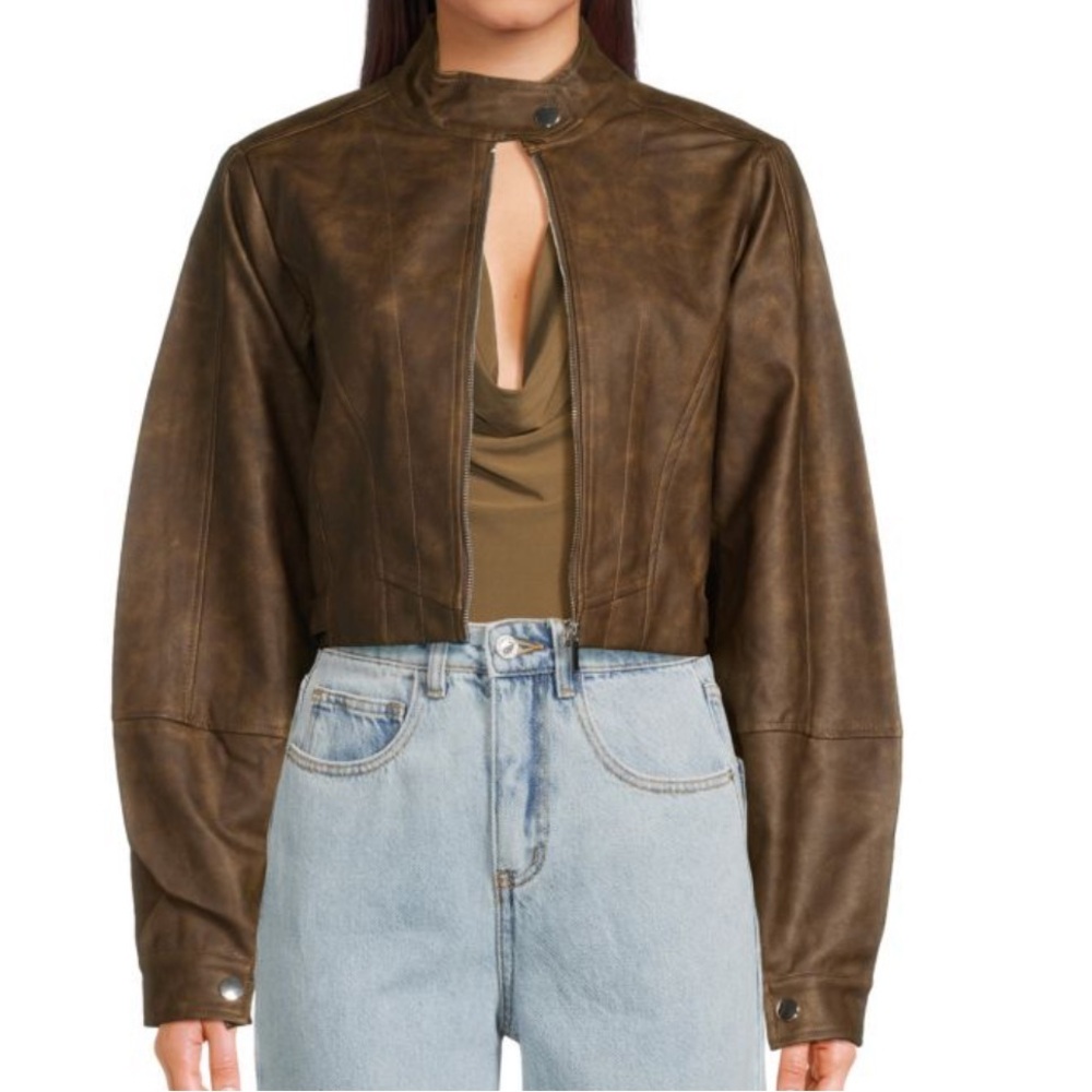 NEW NWT WEWOREWHAT Cropped Faux Leather Moto JacketPatina Dark Brown size XS